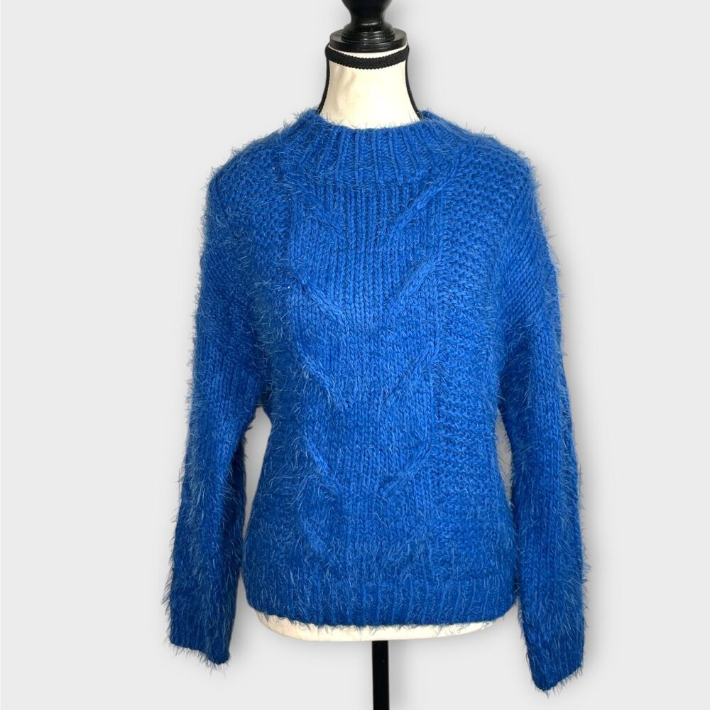 RENEE C Cable Knit Eyelash Sweater SMALL Royal Blue Cozy NEW